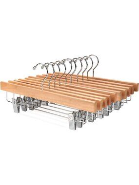 Wooden Pants Hangers with Clips - Anti-Rust Skirt & Jeans Hangers, Pack of 10